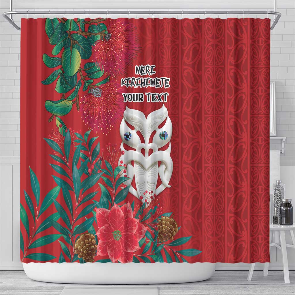 Maori Wheku Meri Kirihimete Personalised Shower Curtain All Red Indigenous Maori Motif - Polynesian Pride