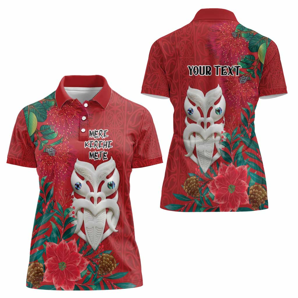 Maori Wheku Meri Kirihimete Personalised Women Polo Shirt All Red Indigenous Maori Motif LT9 - Polynesian Pride