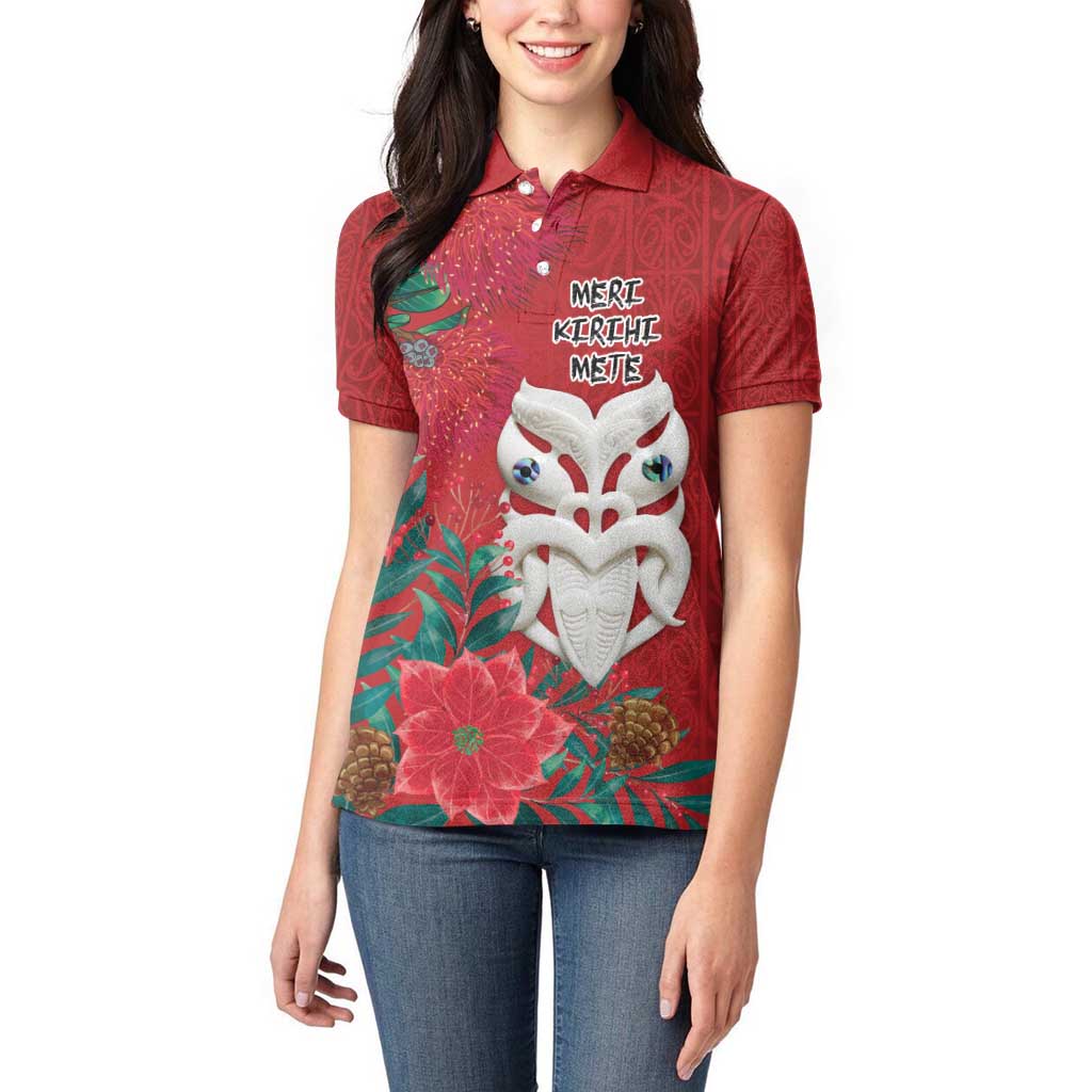 Maori Wheku Meri Kirihimete Personalised Women Polo Shirt All Red Indigenous Maori Motif LT9 - Polynesian Pride