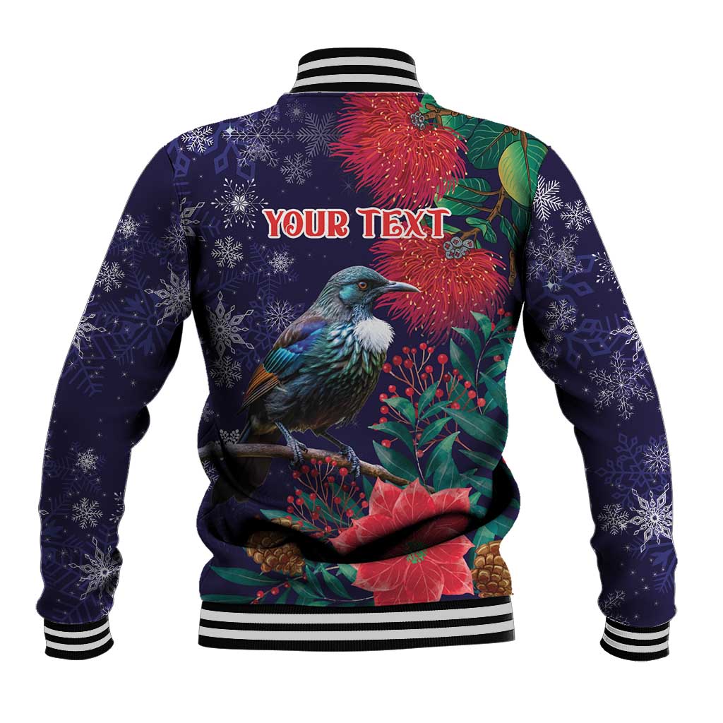 Tui Meri Kirihimete Personalised Baseball Jacket Pohutukawa Flowers Blue Motif - Polynesian Pride