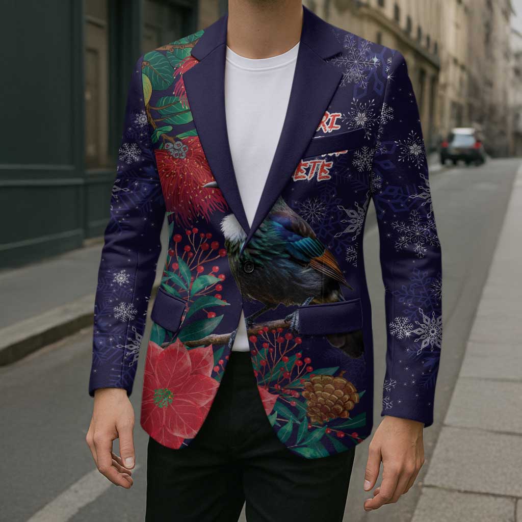 Tui Meri Kirihimete Personalised Blazer Pohutukawa Flowers Blue Motif - Polynesian Pride