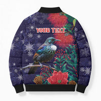 Tui Meri Kirihimete Personalised Bomber Puffer Jacket Pohutukawa Flowers Blue Motif - Polynesian Pride