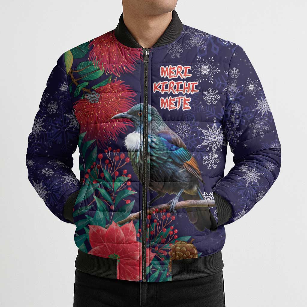 Tui Meri Kirihimete Personalised Bomber Puffer Jacket Pohutukawa Flowers Blue Motif - Polynesian Pride
