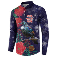 Tui Meri Kirihimete Personalised Button Sweatshirt Pohutukawa Flowers Blue Motif - Polynesian Pride