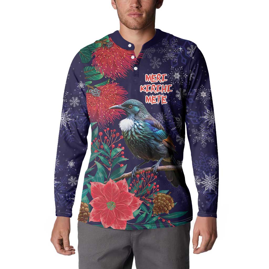 Tui Meri Kirihimete Personalised Button Sweatshirt Pohutukawa Flowers Blue Motif - Polynesian Pride