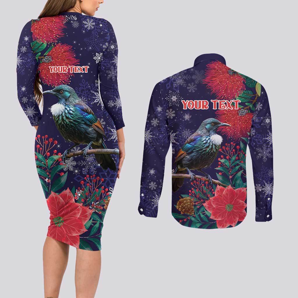 Tui Meri Kirihimete Personalised Couples Matching Long Sleeve Bodycon Dress and Long Sleeve Button Shirt Pohutukawa Flowers Blue Motif - Polynesian Pride