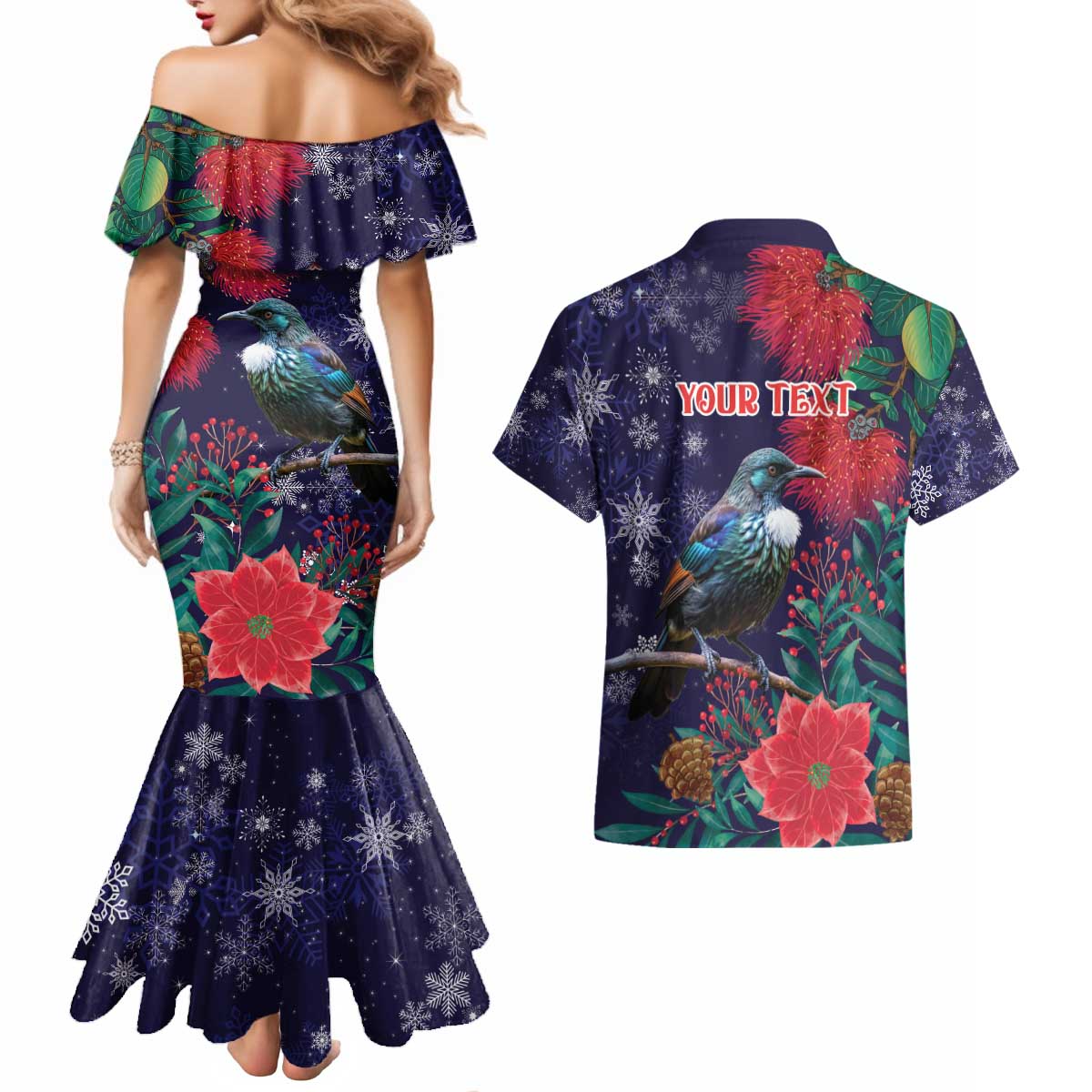 Tui Meri Kirihimete Personalised Couples Matching Mermaid Dress and Hawaiian Shirt Pohutukawa Flowers Blue Motif LT9 - Polynesian Pride