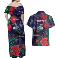 Tui Meri Kirihimete Personalised Couples Matching Off Shoulder Maxi Dress and Hawaiian Shirt Pohutukawa Flowers Blue Motif LT9 - Polynesian Pride