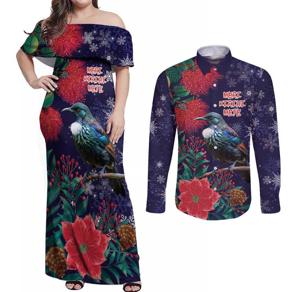 Tui Meri Kirihimete Personalised Couples Matching Off Shoulder Maxi Dress and Long Sleeve Button Shirt Pohutukawa Flowers Blue Motif - Polynesian Pride