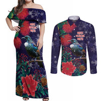 Tui Meri Kirihimete Personalised Couples Matching Off Shoulder Maxi Dress and Long Sleeve Button Shirt Pohutukawa Flowers Blue Motif - Polynesian Pride