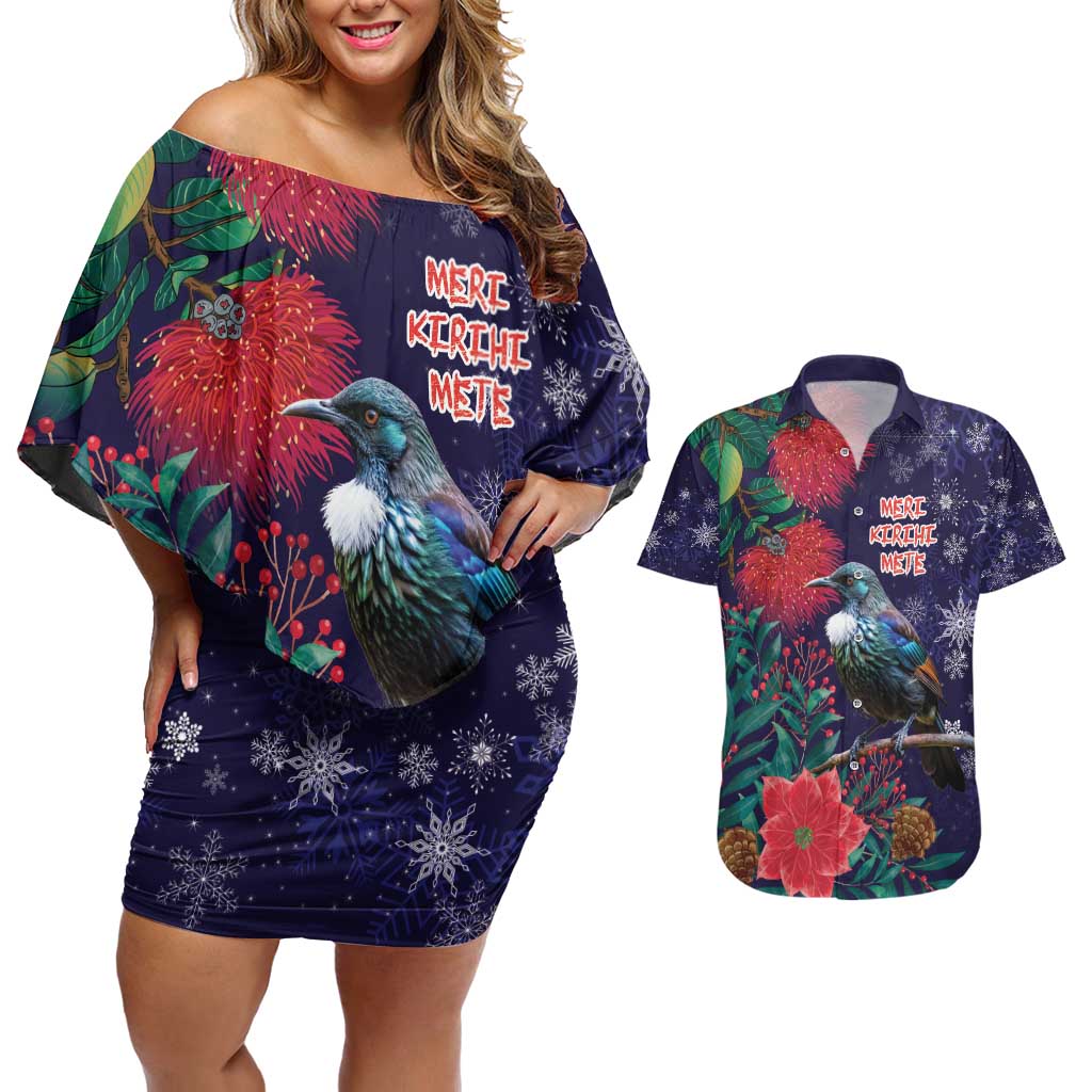 Tui Meri Kirihimete Personalised Couples Matching Off Shoulder Short Dress and Hawaiian Shirt Pohutukawa Flowers Blue Motif LT9 Blue - Polynesian Pride