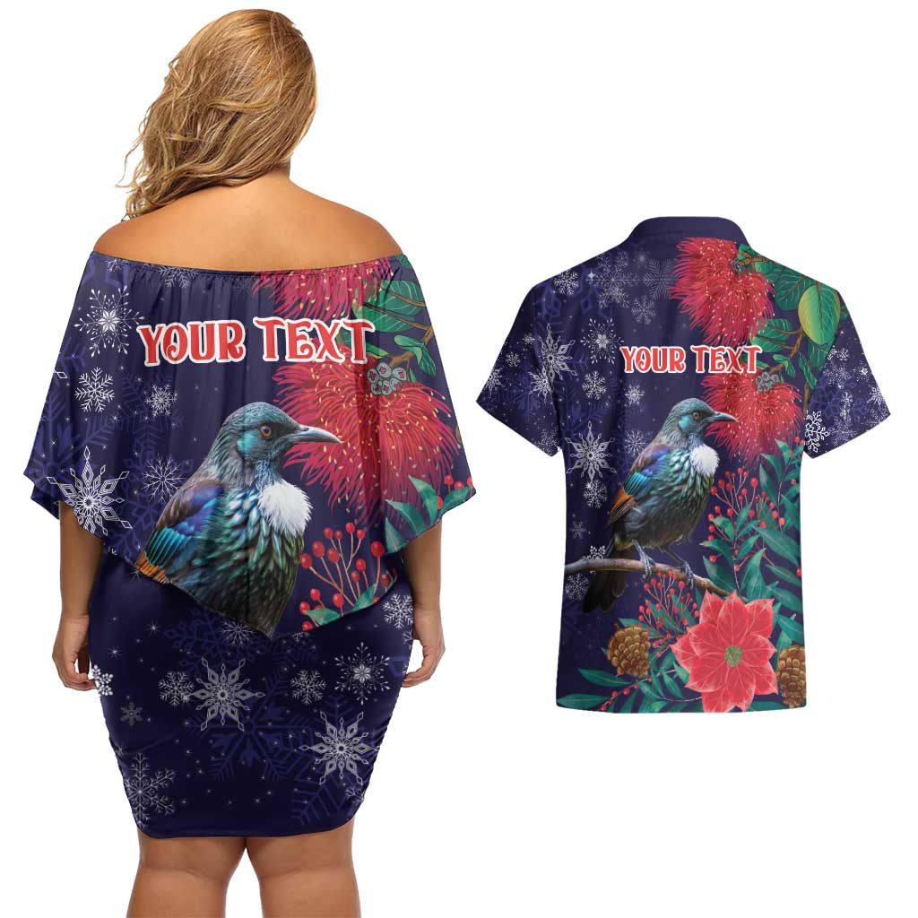 Tui Meri Kirihimete Personalised Couples Matching Off Shoulder Short Dress and Hawaiian Shirt Pohutukawa Flowers Blue Motif LT9 - Polynesian Pride