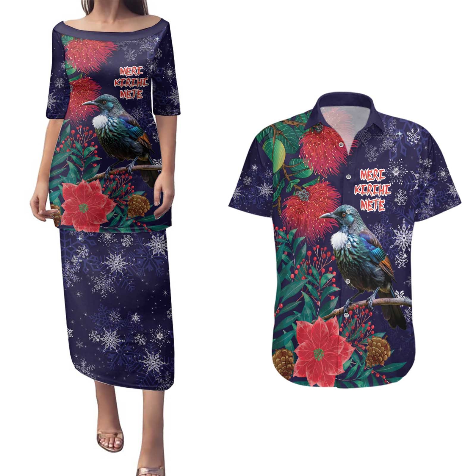 Tui Meri Kirihimete Personalised Couples Matching Puletasi and Hawaiian Shirt Pohutukawa Flowers Blue Motif - Polynesian Pride