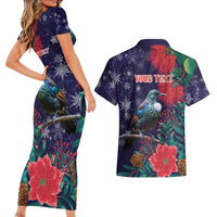 Tui Meri Kirihimete Personalised Couples Matching Short Sleeve Bodycon Dress and Hawaiian Shirt Pohutukawa Flowers Blue Motif LT9 - Polynesian Pride