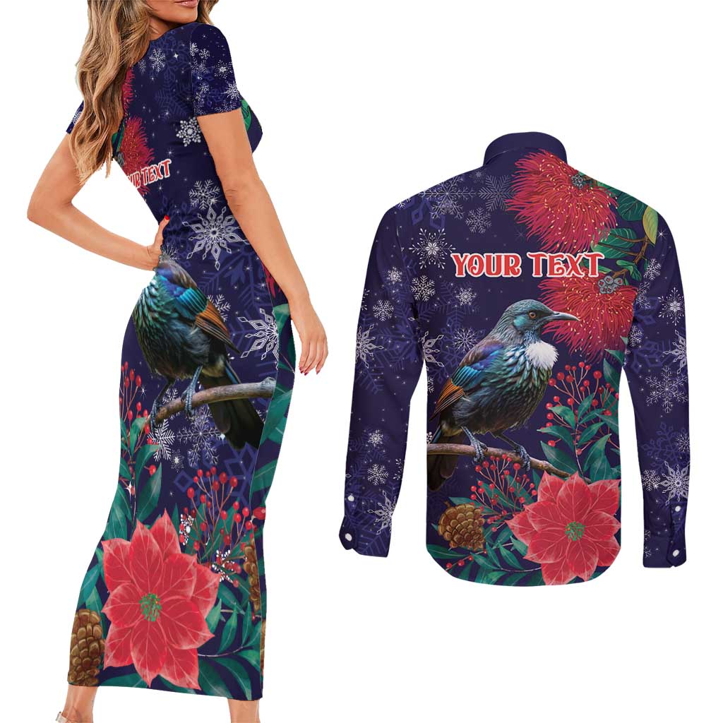 Tui Meri Kirihimete Personalised Couples Matching Short Sleeve Bodycon Dress and Long Sleeve Button Shirt Pohutukawa Flowers Blue Motif - Polynesian Pride