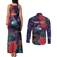Tui Meri Kirihimete Personalised Couples Matching Tank Maxi Dress and Long Sleeve Button Shirt Pohutukawa Flowers Blue Motif - Polynesian Pride