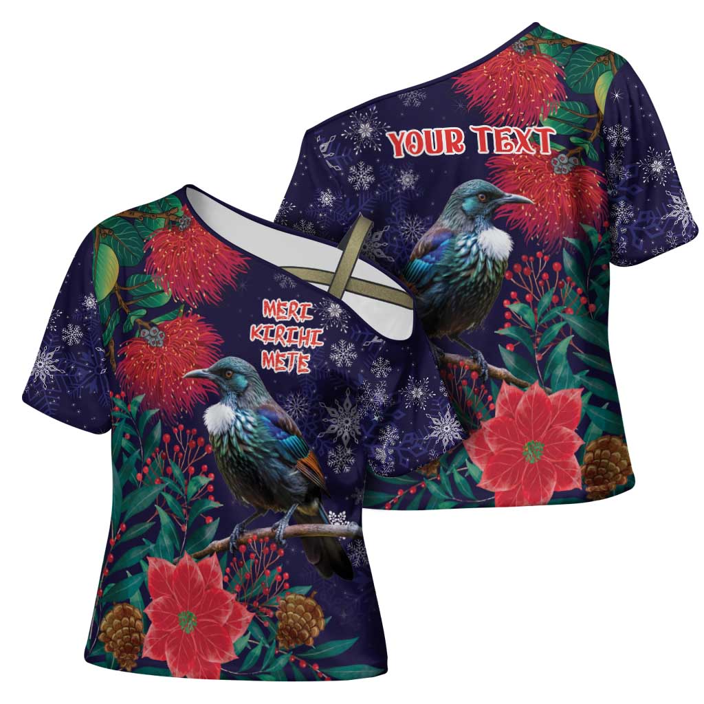 Tui Meri Kirihimete Personalised Cross Shoulder Shirt Pohutukawa Flowers Blue Motif - Polynesian Pride