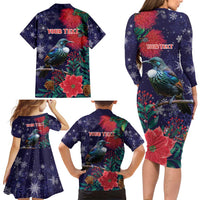 Tui Meri Kirihimete Personalised Family Matching Long Sleeve Bodycon Dress and Hawaiian Shirt Pohutukawa Flowers Blue Motif - Polynesian Pride