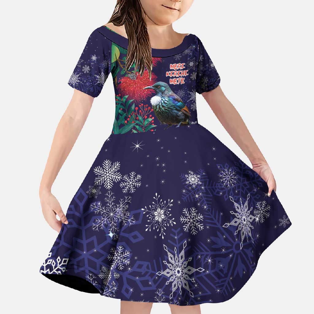 Tui Meri Kirihimete Personalised Family Matching Mermaid Dress and Hawaiian Shirt Pohutukawa Flowers Blue Motif - Polynesian Pride