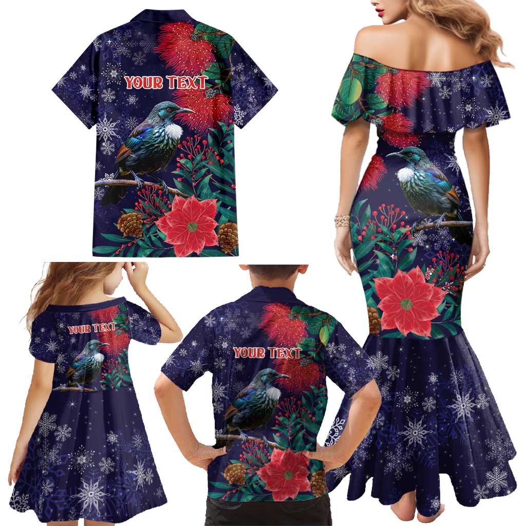 Tui Meri Kirihimete Personalised Family Matching Mermaid Dress and Hawaiian Shirt Pohutukawa Flowers Blue Motif - Polynesian Pride