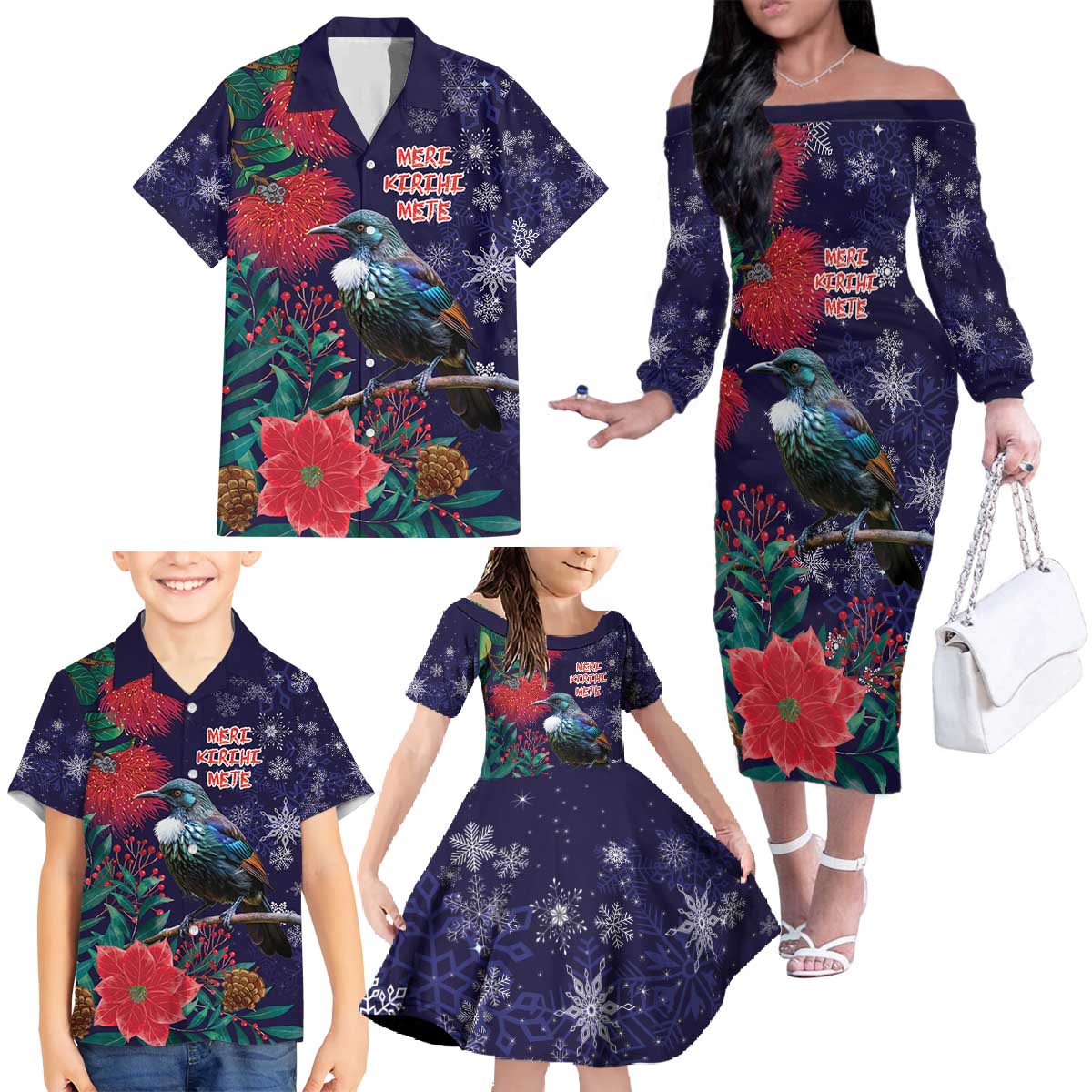 Tui Meri Kirihimete Personalised Family Matching Off The Shoulder Long Sleeve Dress and Hawaiian Shirt Pohutukawa Flowers Blue Motif - Polynesian Pride