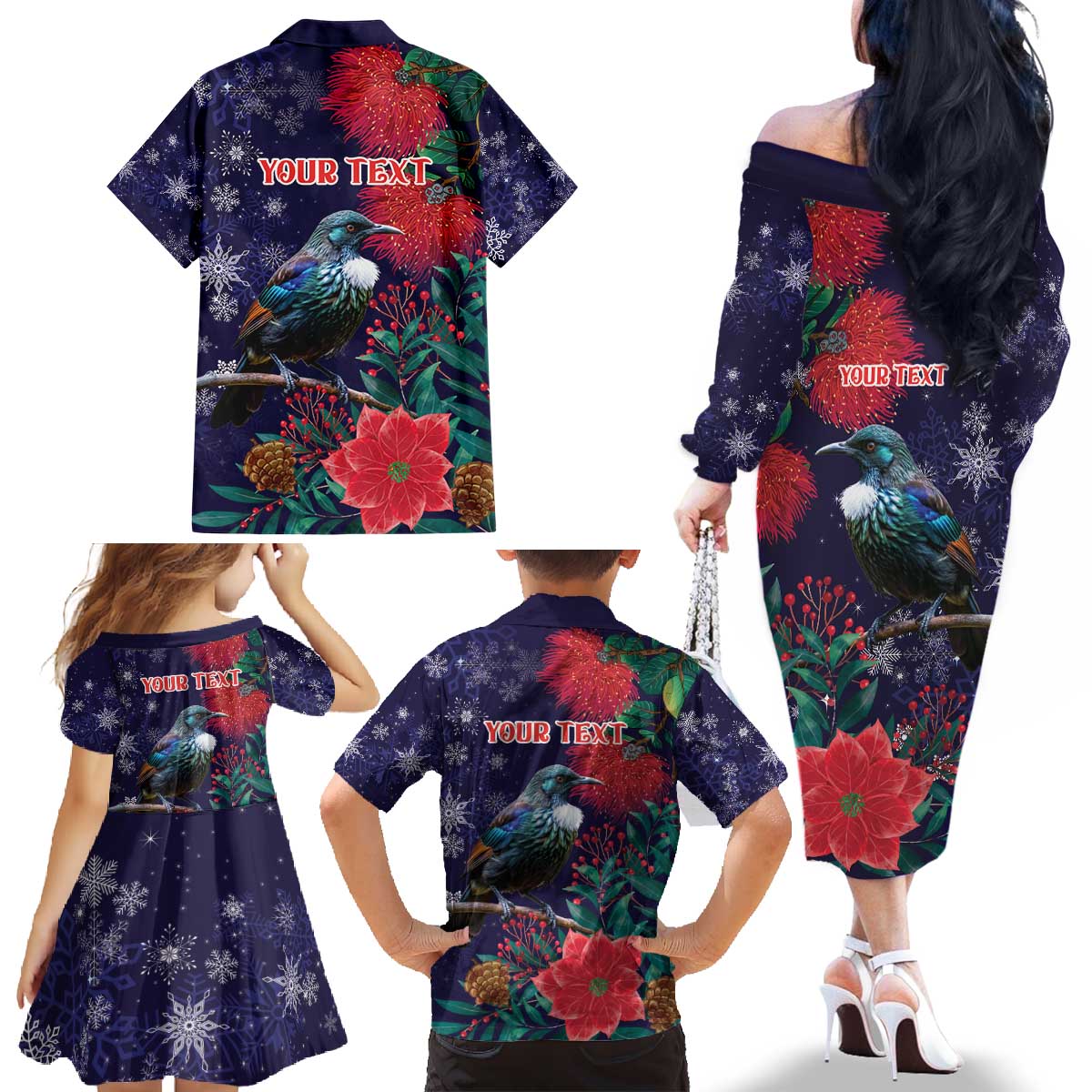 Tui Meri Kirihimete Personalised Family Matching Off The Shoulder Long Sleeve Dress and Hawaiian Shirt Pohutukawa Flowers Blue Motif - Polynesian Pride