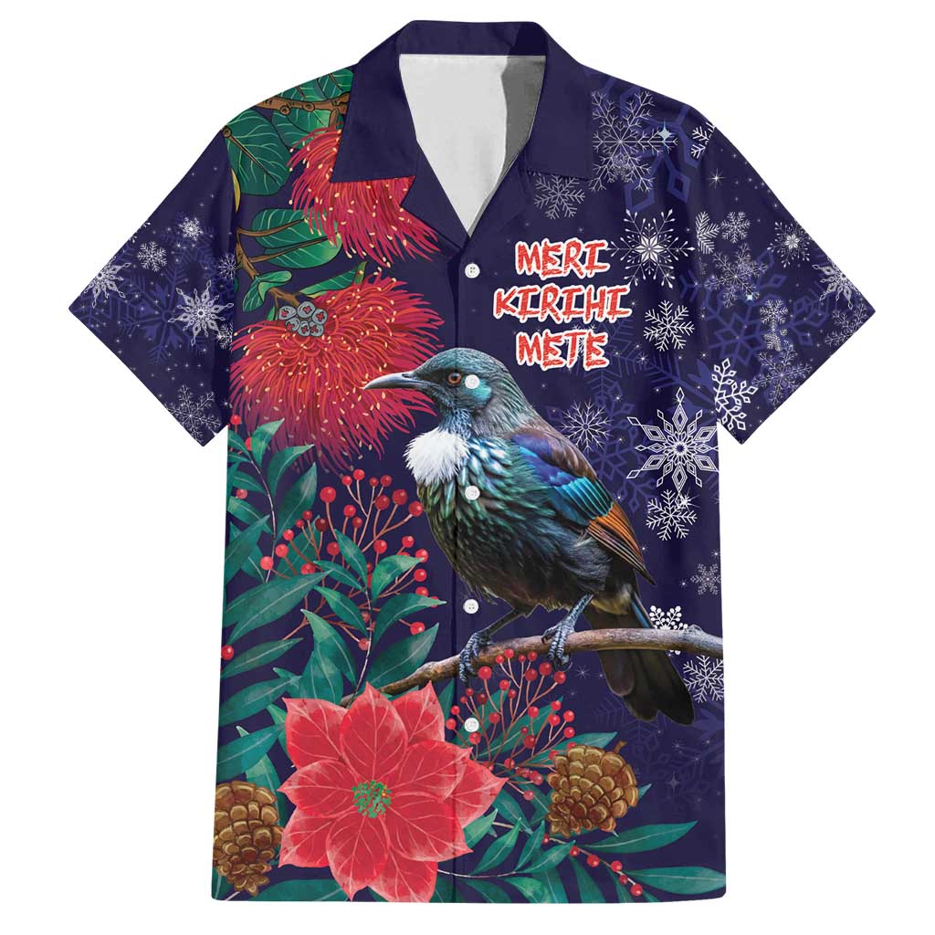 Tui Meri Kirihimete Personalised Family Matching Off Shoulder Short Dress and Hawaiian Shirt Pohutukawa Flowers Blue Motif - Polynesian Pride