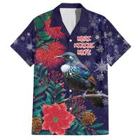 Tui Meri Kirihimete Personalised Family Matching Off Shoulder Short Dress and Hawaiian Shirt Pohutukawa Flowers Blue Motif - Polynesian Pride