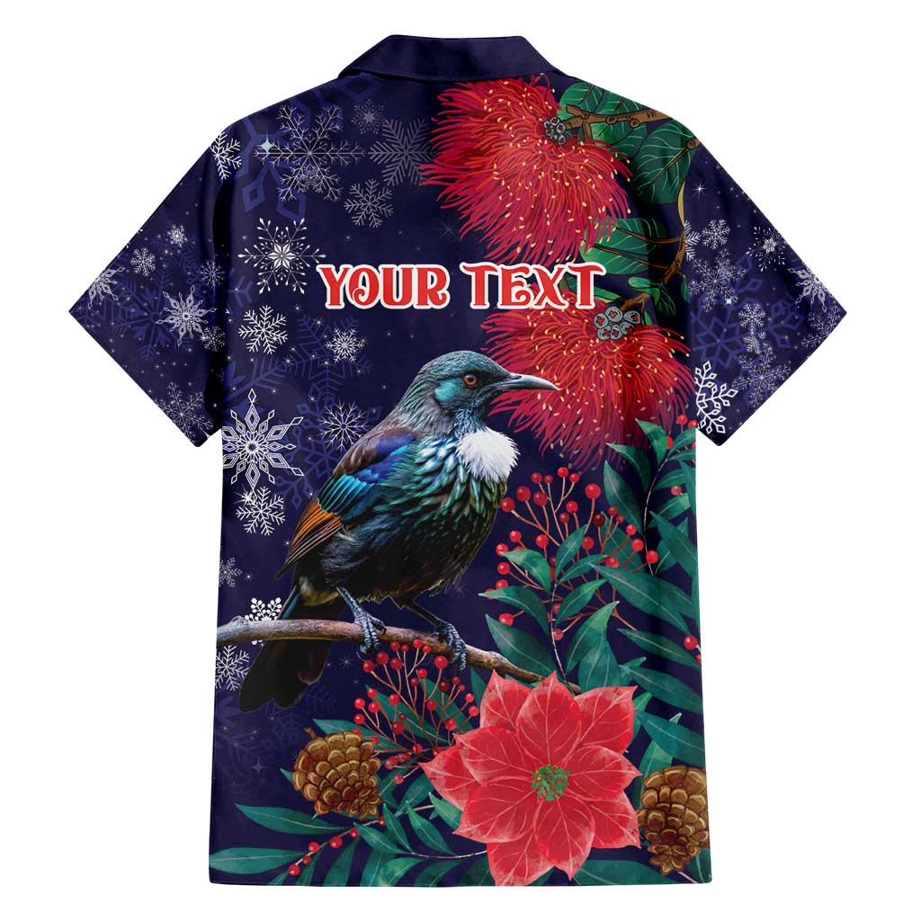 Tui Meri Kirihimete Personalised Family Matching Off Shoulder Short Dress and Hawaiian Shirt Pohutukawa Flowers Blue Motif - Polynesian Pride