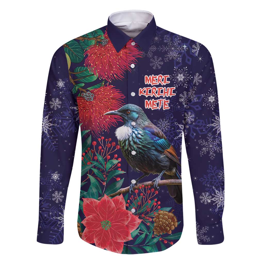 Tui Meri Kirihimete Personalised Family Matching Off Shoulder Short Dress and Hawaiian Shirt Pohutukawa Flowers Blue Motif - Polynesian Pride