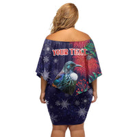 Tui Meri Kirihimete Personalised Family Matching Off Shoulder Short Dress and Hawaiian Shirt Pohutukawa Flowers Blue Motif - Polynesian Pride