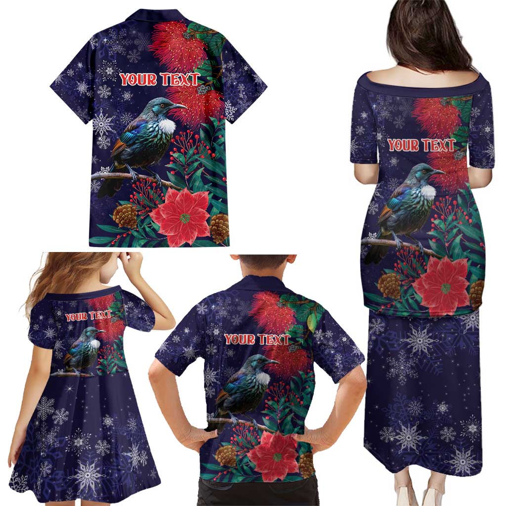 Tui Meri Kirihimete Personalised Family Matching Puletasi and Hawaiian Shirt Pohutukawa Flowers Blue Motif - Polynesian Pride