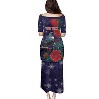 Tui Meri Kirihimete Personalised Family Matching Puletasi and Hawaiian Shirt Pohutukawa Flowers Blue Motif - Polynesian Pride