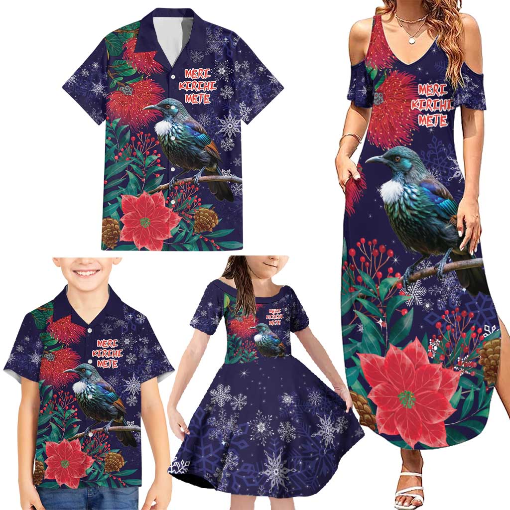 Tui Meri Kirihimete Personalised Family Matching Summer Maxi Dress and Hawaiian Shirt Pohutukawa Flowers Blue Motif - Polynesian Pride