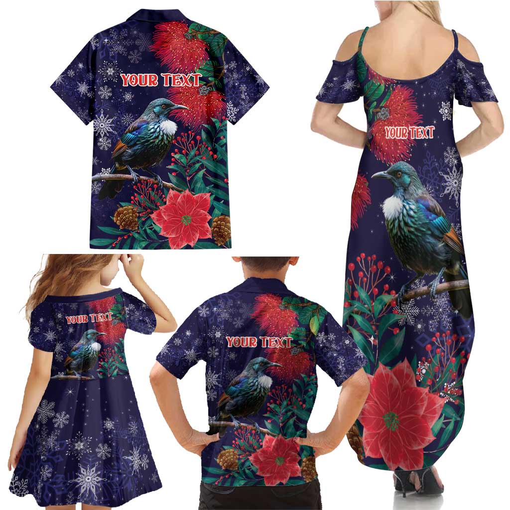 Tui Meri Kirihimete Personalised Family Matching Summer Maxi Dress and Hawaiian Shirt Pohutukawa Flowers Blue Motif - Polynesian Pride