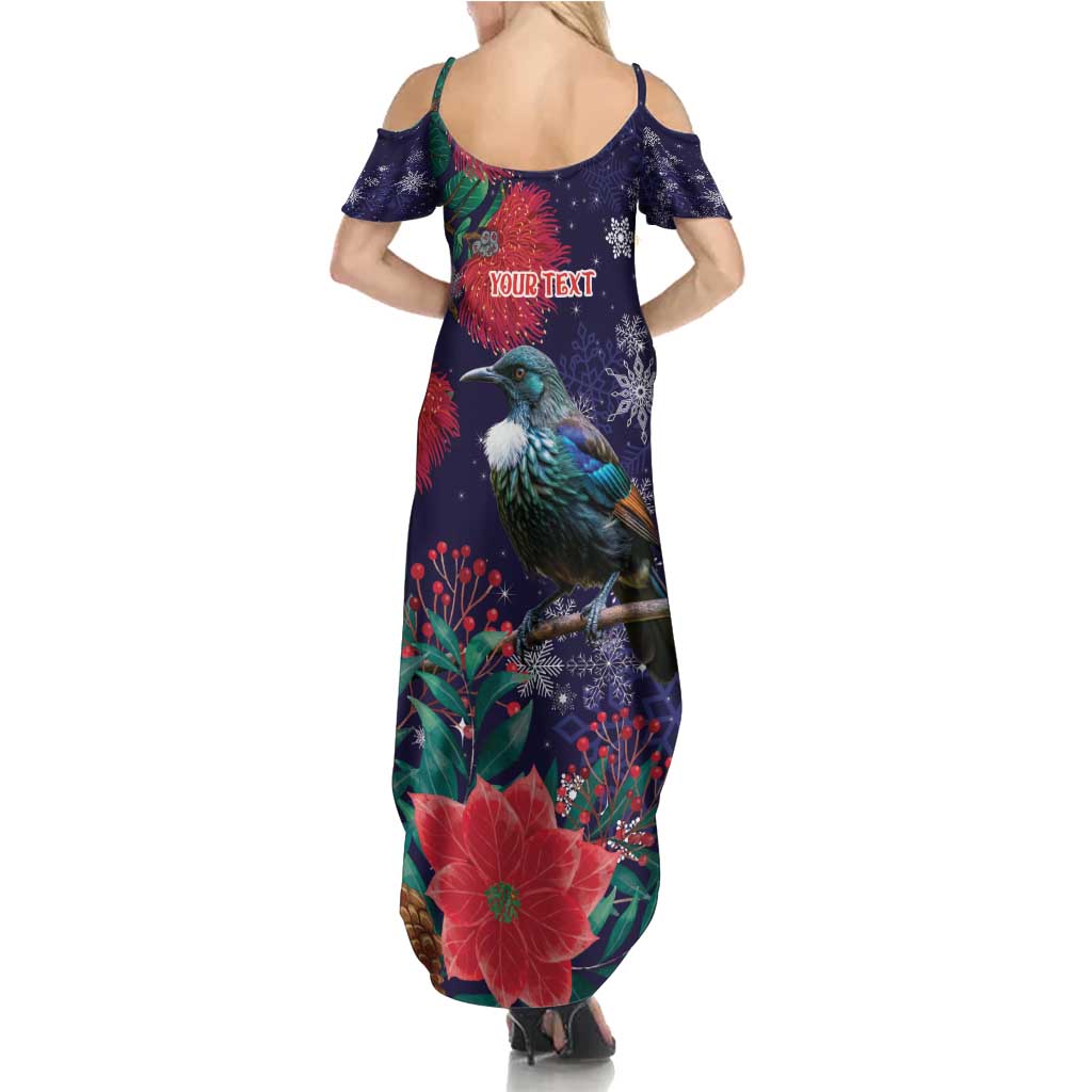 Tui Meri Kirihimete Personalised Family Matching Summer Maxi Dress and Hawaiian Shirt Pohutukawa Flowers Blue Motif - Polynesian Pride