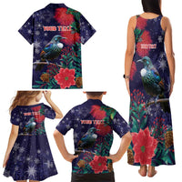 Tui Meri Kirihimete Personalised Family Matching Tank Maxi Dress and Hawaiian Shirt Pohutukawa Flowers Blue Motif - Polynesian Pride