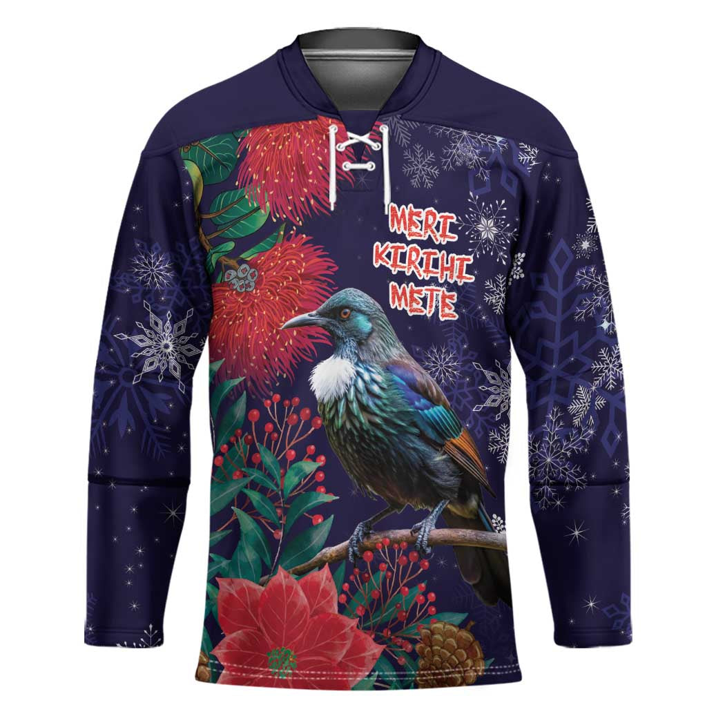 Tui Meri Kirihimete Personalised Hockey Jersey Pohutukawa Flowers Blue Motif - Polynesian Pride