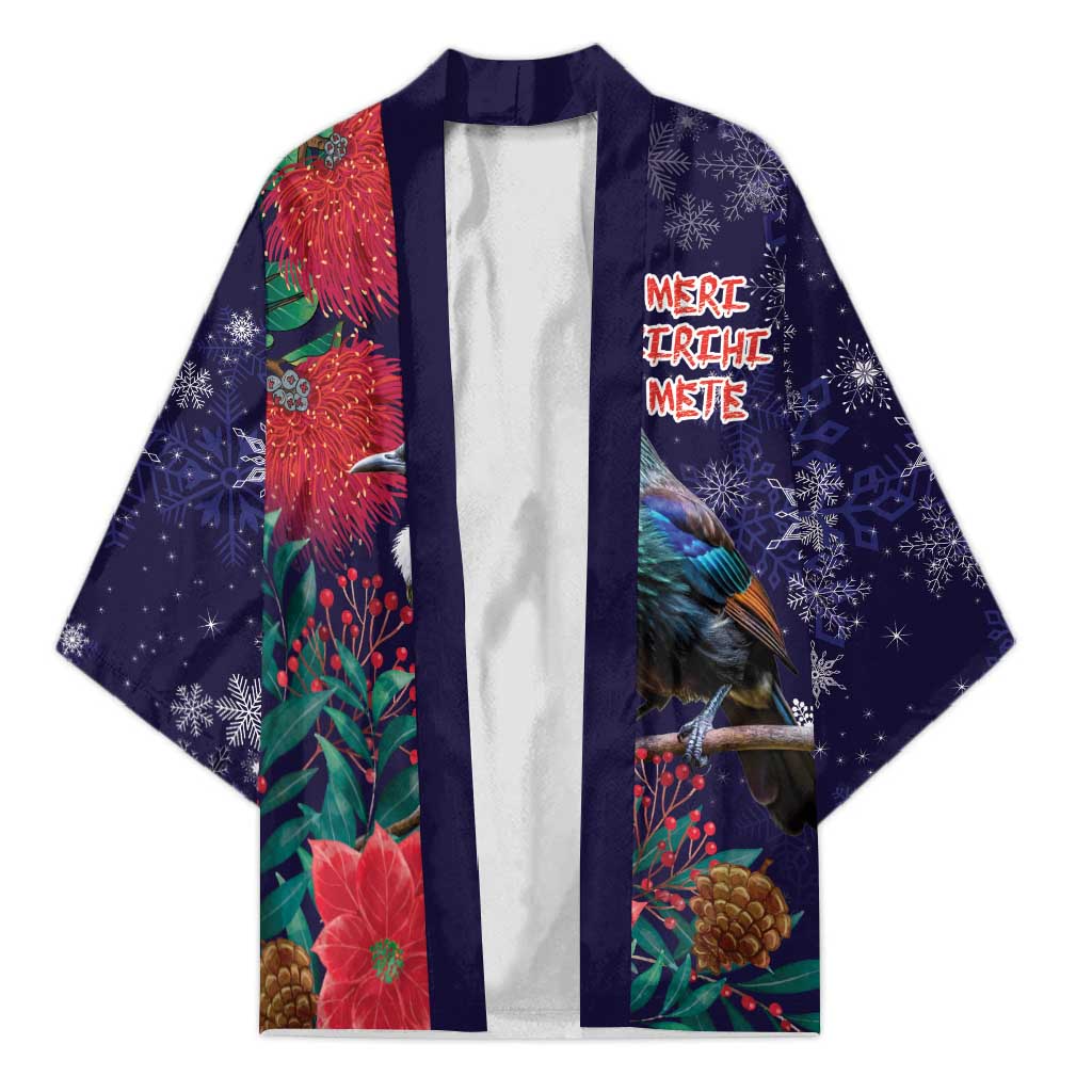 Tui Meri Kirihimete Personalised Kimono Pohutukawa Flowers Blue Motif - Polynesian Pride