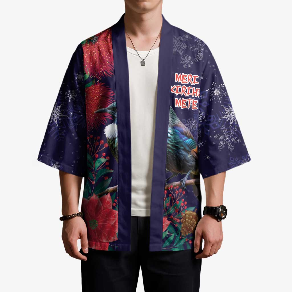 Tui Meri Kirihimete Personalised Kimono Pohutukawa Flowers Blue Motif - Polynesian Pride