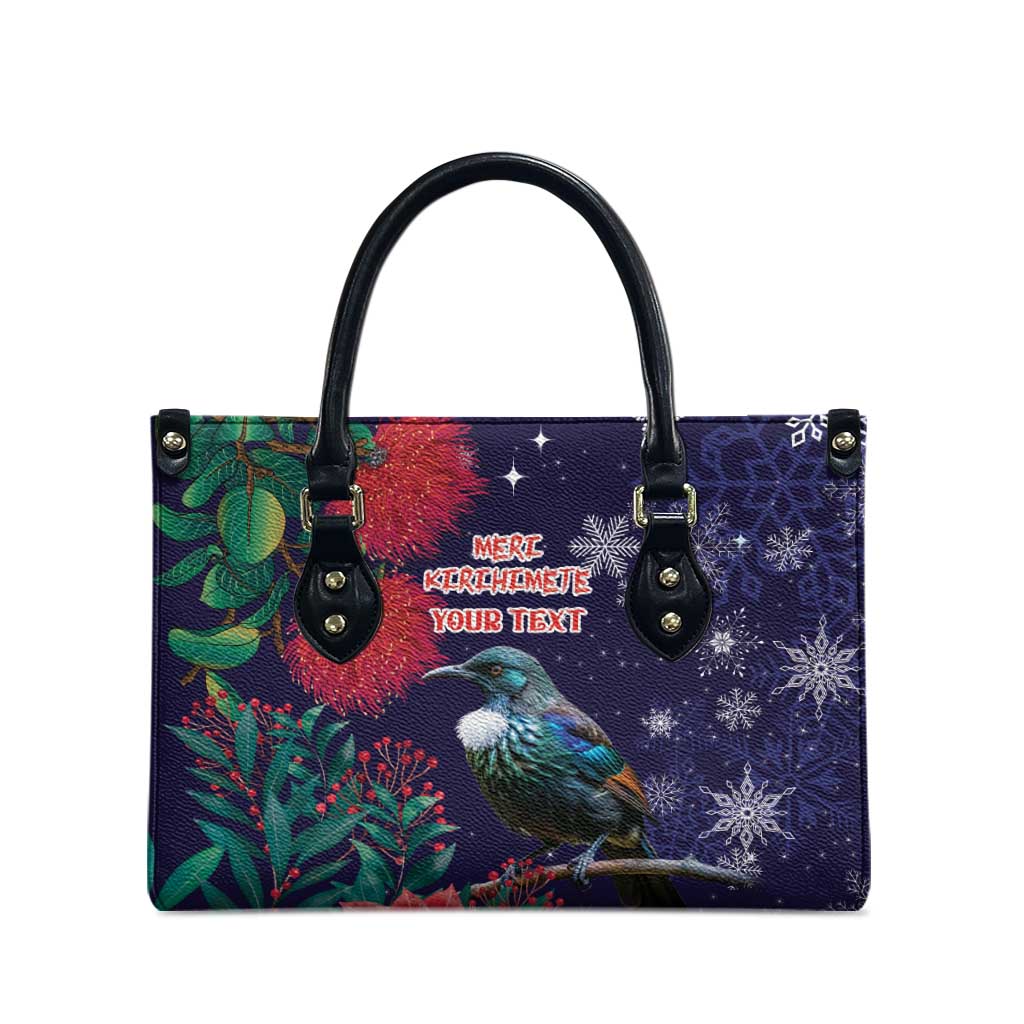 Tui Meri Kirihimete Personalised Leather Bag Pohutukawa Flowers Blue Motif - Polynesian Pride
