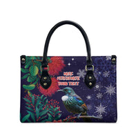 Tui Meri Kirihimete Personalised Leather Bag Pohutukawa Flowers Blue Motif - Polynesian Pride