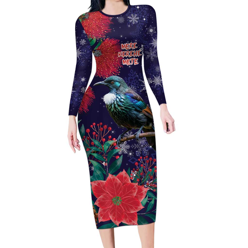 Tui Meri Kirihimete Personalised Long Sleeve Bodycon Dress Pohutukawa Flowers Blue Motif - Polynesian Pride