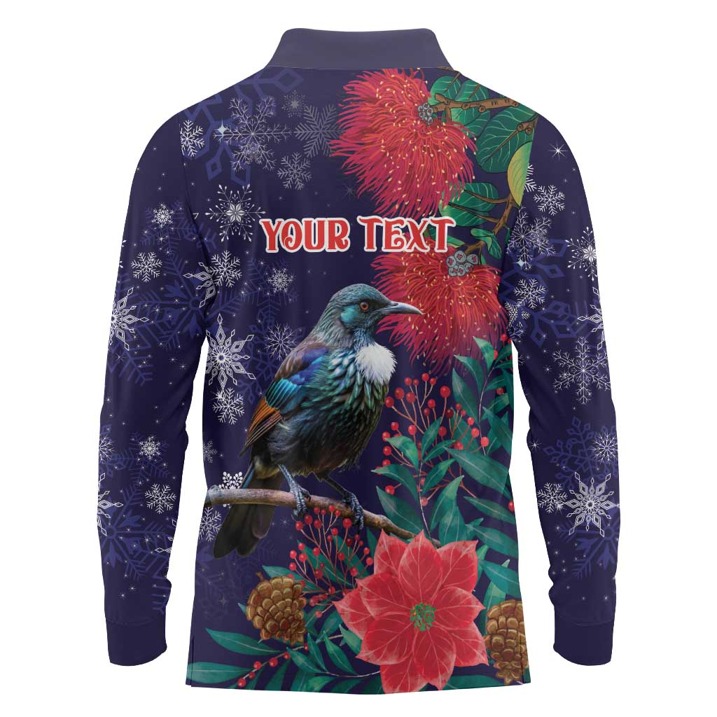 Tui Meri Kirihimete Personalised Long Sleeve Polo Shirt Pohutukawa Flowers Blue Motif - Polynesian Pride