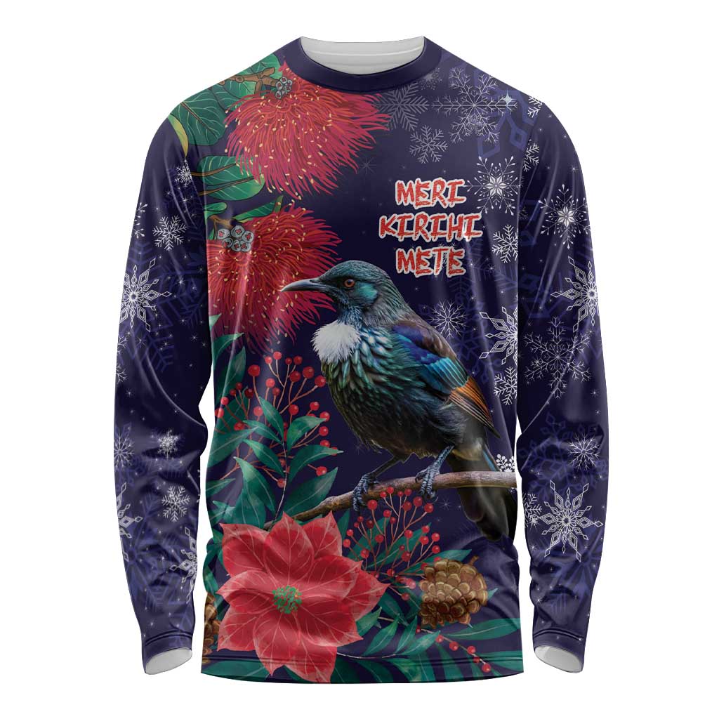 Tui Meri Kirihimete Personalised Long Sleeve Shirt Pohutukawa Flowers Blue Motif - Polynesian Pride