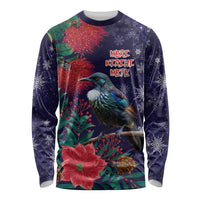 Tui Meri Kirihimete Personalised Long Sleeve Shirt Pohutukawa Flowers Blue Motif - Polynesian Pride