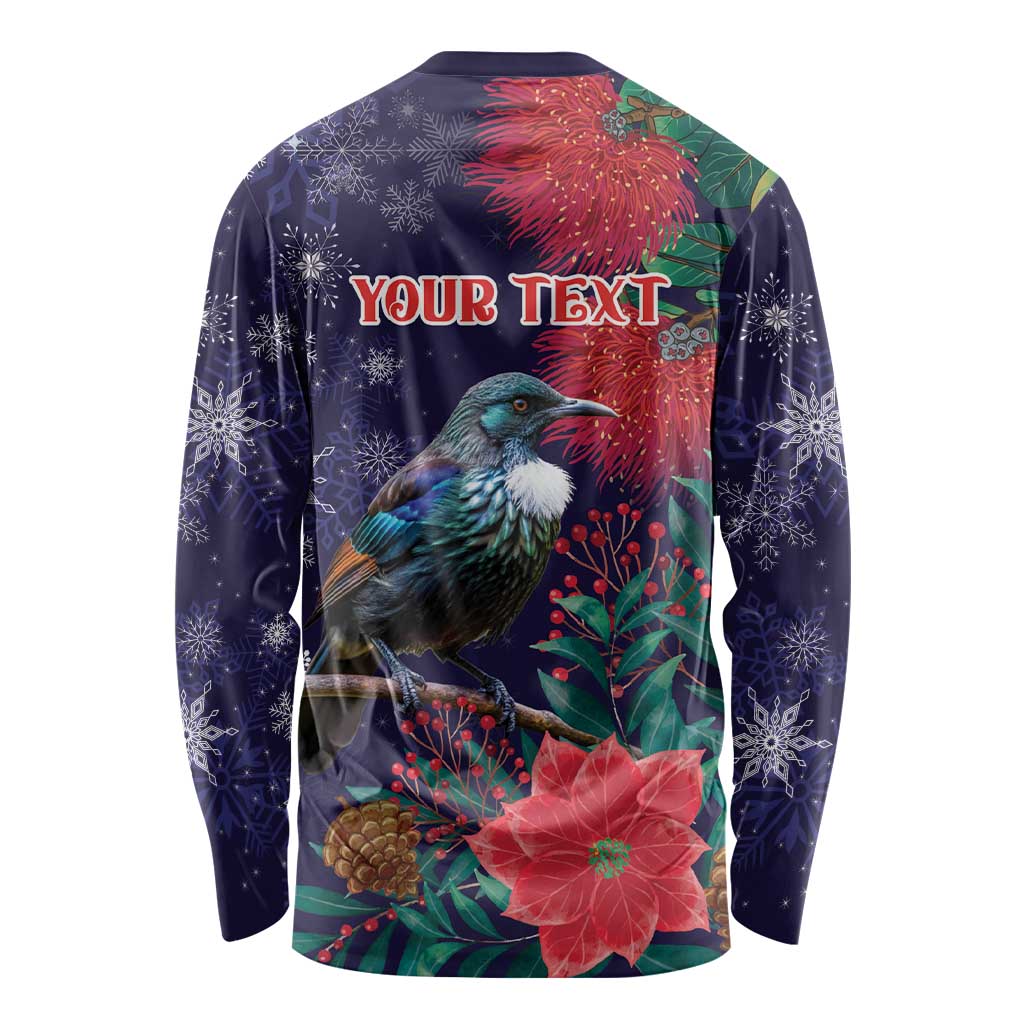 Tui Meri Kirihimete Personalised Long Sleeve Shirt Pohutukawa Flowers Blue Motif - Polynesian Pride