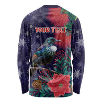 Tui Meri Kirihimete Personalised Long Sleeve Shirt Pohutukawa Flowers Blue Motif - Polynesian Pride