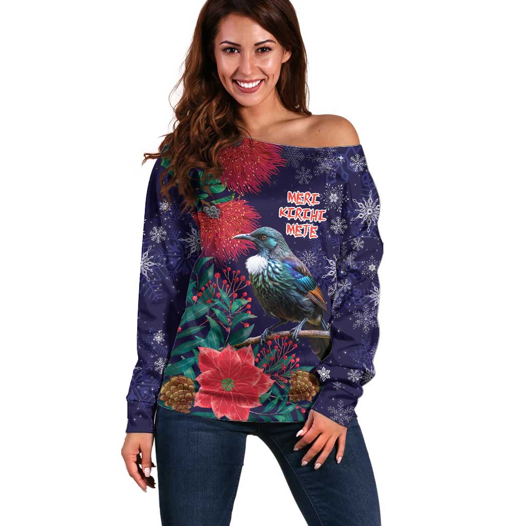 Tui Meri Kirihimete Personalised Off Shoulder Sweater Pohutukawa Flowers Blue Motif - Polynesian Pride