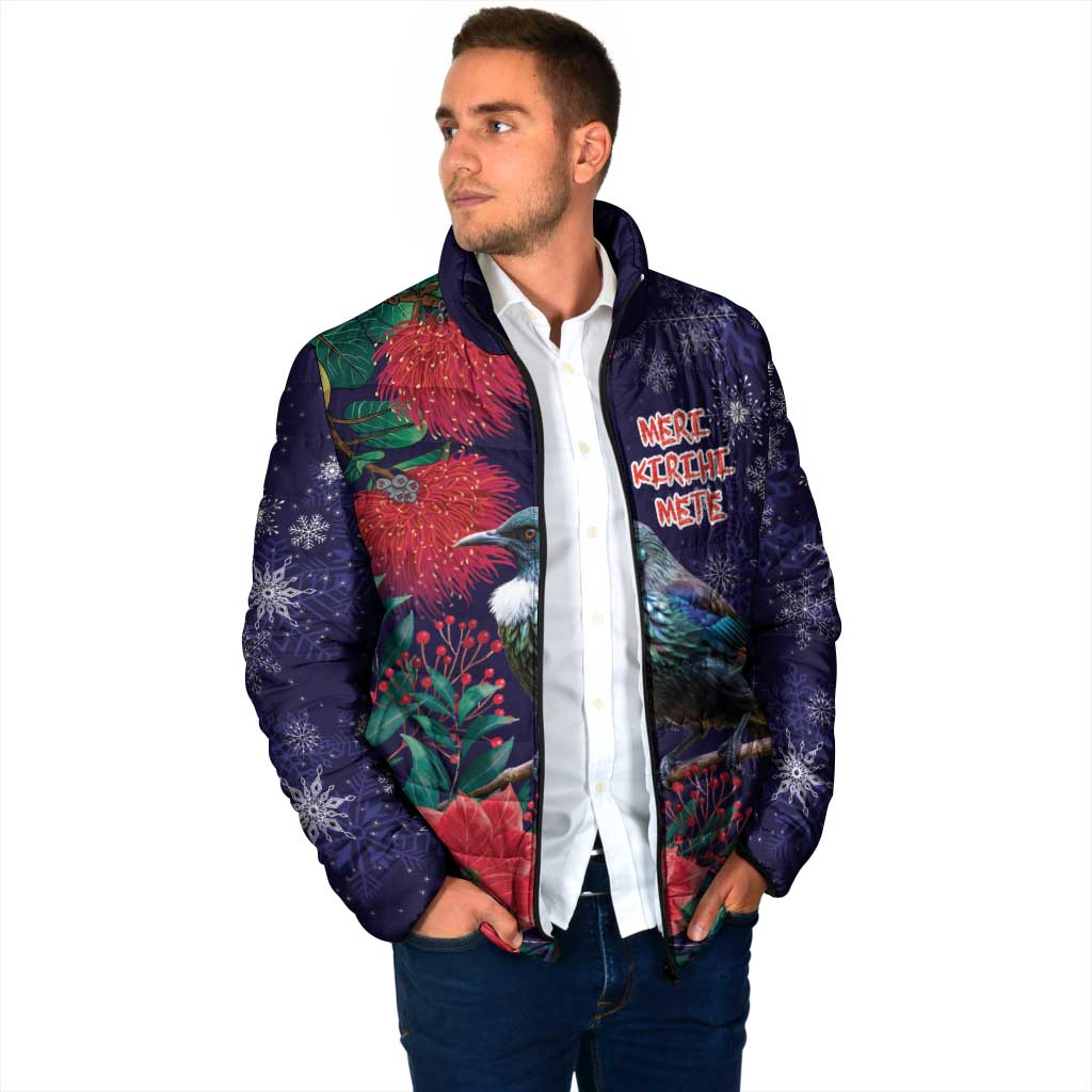 Tui Meri Kirihimete Personalised Padded Jacket Pohutukawa Flowers Blue Motif - Polynesian Pride